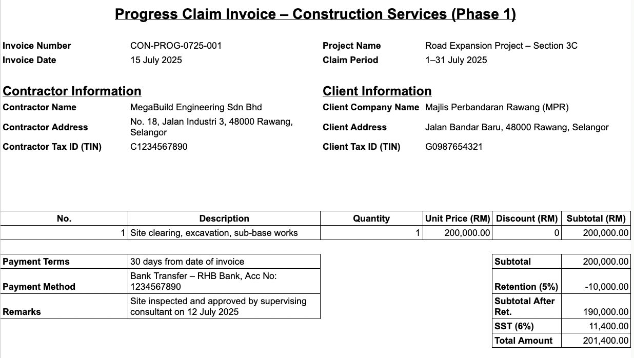 Construction Progress Claim Invoice (Contractor/Project Work)